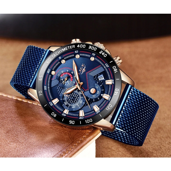 Zegarek męski LIGE na bransolecie z chronografem i datownikiem + Pudełko (Złoto-granatowy)