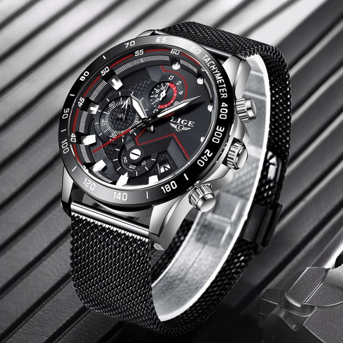 Zegarek męski LIGE na bransolecie z chronografem i datownikiem + Pudełko (Złoto-granatowy)