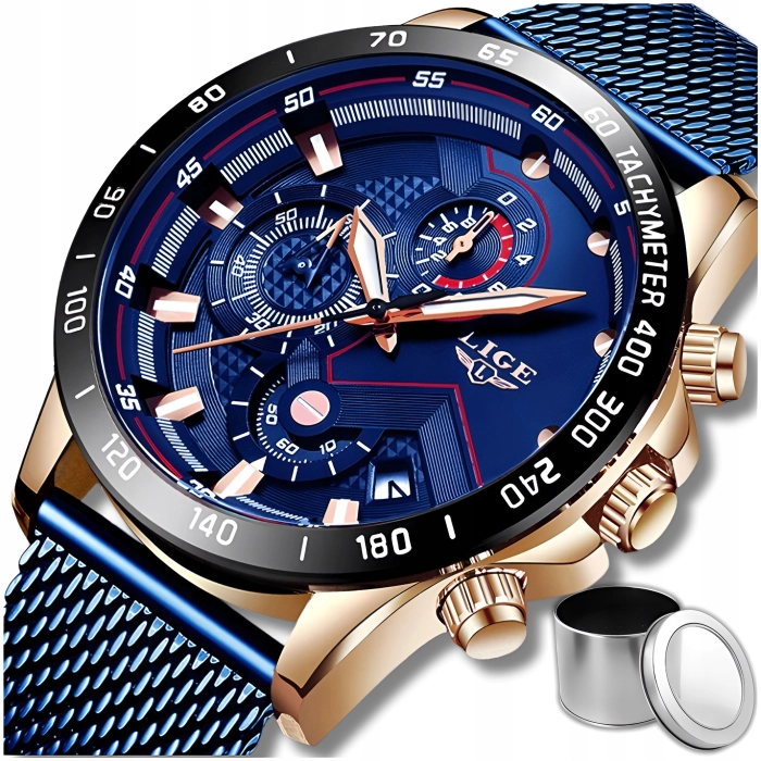 Zegarek męski LIGE na bransolecie z chronografem i datownikiem + Pudełko (Złoto-granatowy)