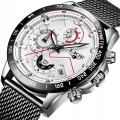 Zegarek męski LIGE na bransolecie z chronografem i datownikiem + Pudełko (Srebrno-biały)