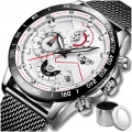 Zegarek męski LIGE na bransolecie z chronografem i datownikiem + Pudełko (Srebrno-biały)