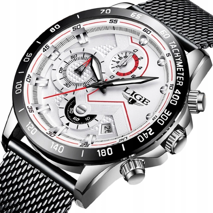 Zegarek męski LIGE na bransolecie z chronografem i datownikiem + Pudełko (Srebrno-biały)