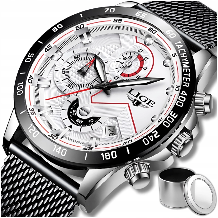 Zegarek męski LIGE na bransolecie z chronografem i datownikiem + Pudełko (Srebrno-biały)