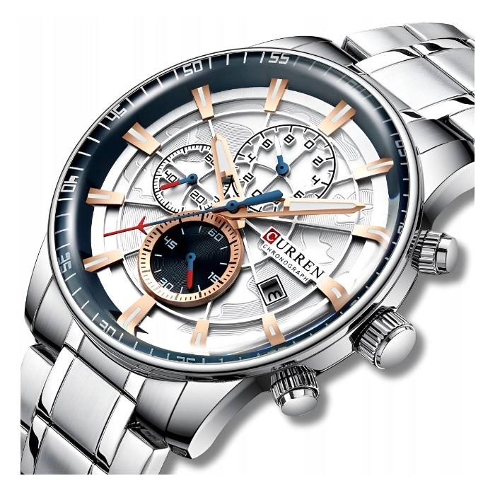 Zegarek na bransolecie męski Curren - kwarcowy z chronografem i datownikiem (Srebrno-złoty)