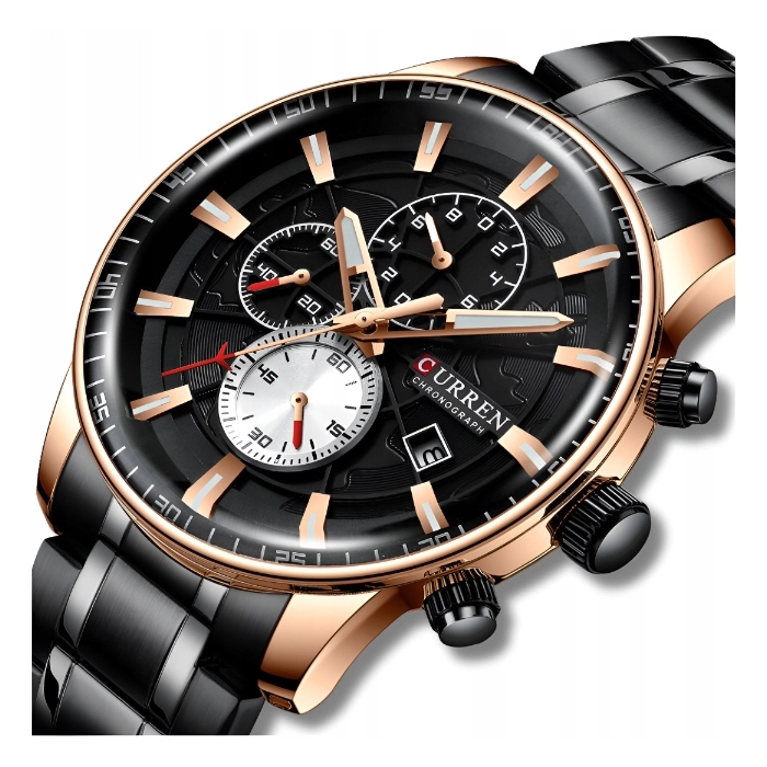 Zegarek na bransolecie męski Curren - kwarcowy z chronografem i datownikiem (Czarny)