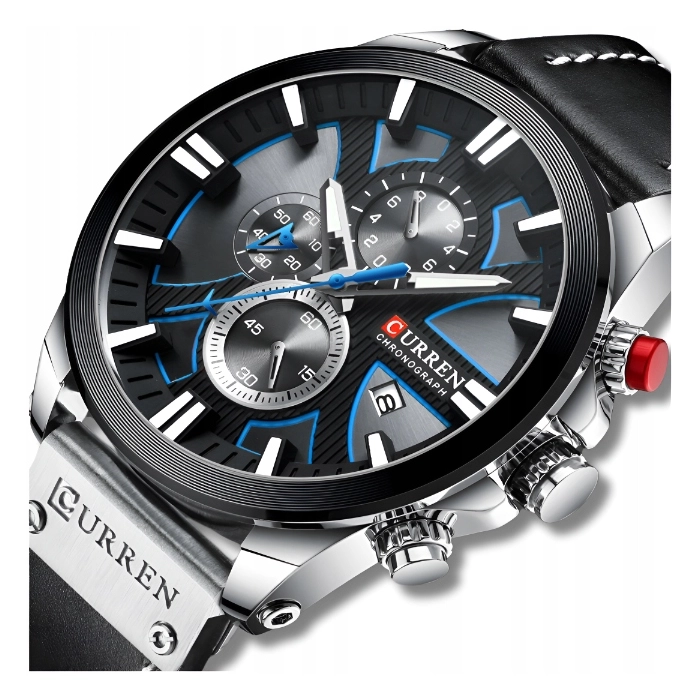 Zegarek skórzany męski Curren - elegancki z chronografem i datownikiem (Czarno-srebrny)