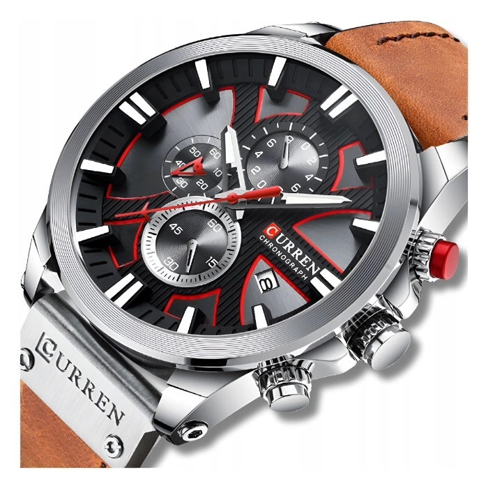 Zegarek skórzany męski Curren - elegancki z chronografem i datownikiem (Brązowo-srebrny)