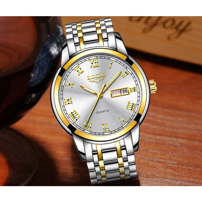 Zegarek męski LIGE na bransolecie - klasyczny z datownikiem + Pudełko (Srebrno-czarny)