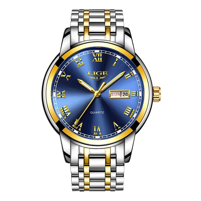 Zegarek męski LIGE na bransolecie - klasyczny z datownikiem + Pudełko (Srebrno-czarny)