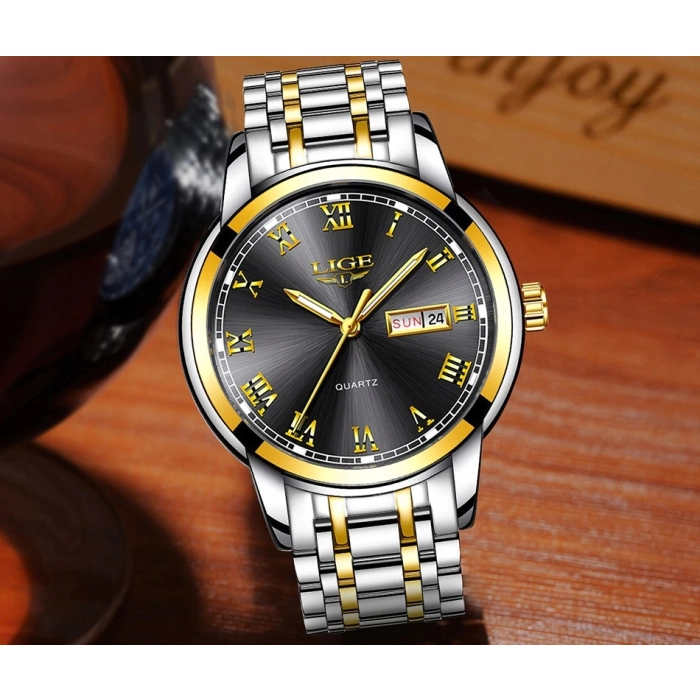 Zegarek męski LIGE na bransolecie - klasyczny z datownikiem + Pudełko (Srebrno-czarny)