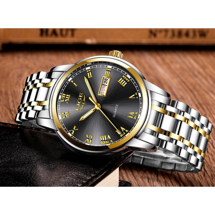 Zegarek męski LIGE na bransolecie - klasyczny z datownikiem + Pudełko (Srebrno-czarny)