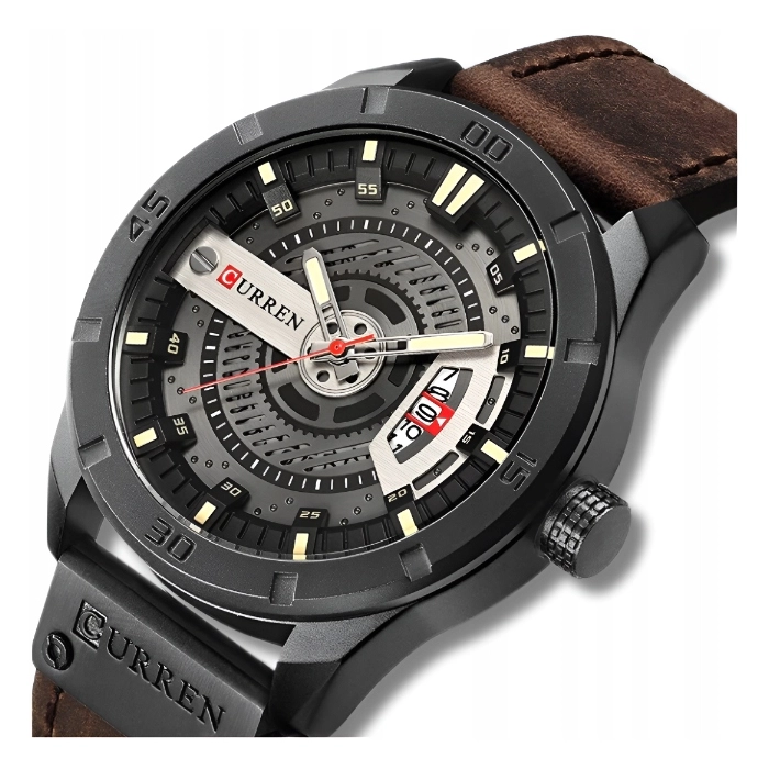Zegarek męski skórzany Curren - klasyczny i elegancki z datownikiem (Ciemnobrązowy)