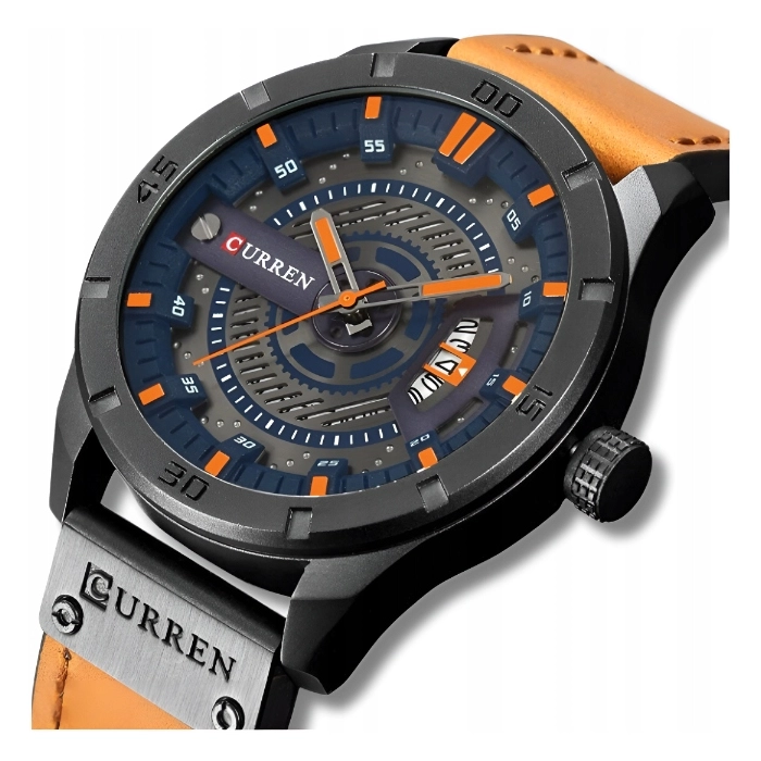 Zegarek męski skórzany Curren - klasyczny i elegancki z datownikiem (Pomarańczowy)