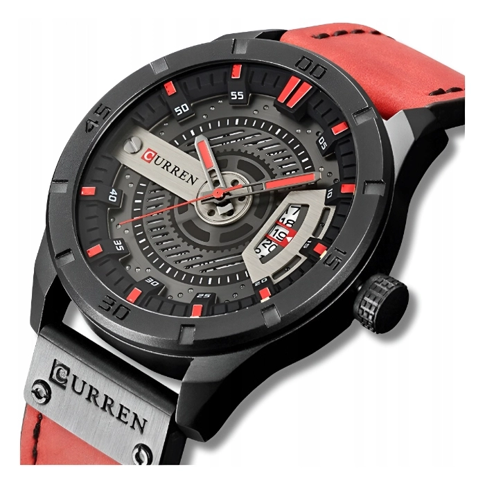 Zegarek męski skórzany Curren - klasyczny i elegancki z datownikiem (Czerwony)