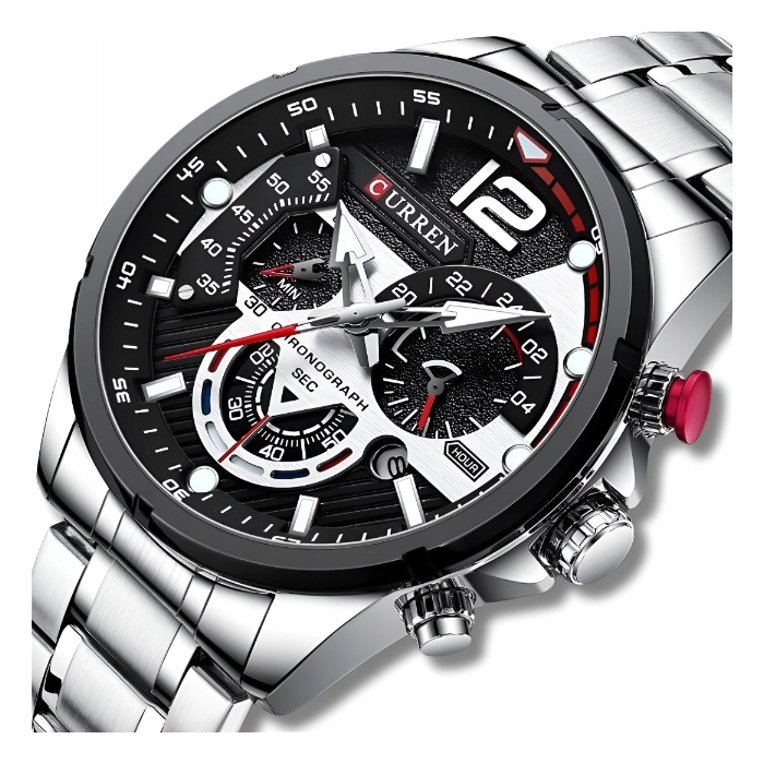 Zegarek męski naręczny Curren - kwarcowy z chronografem i datownikiem (Srebrny)